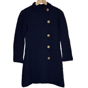 Hand-Knit Artisan Navy Blue Vintage Coat Lined Decorative Buttons & Snap Closure